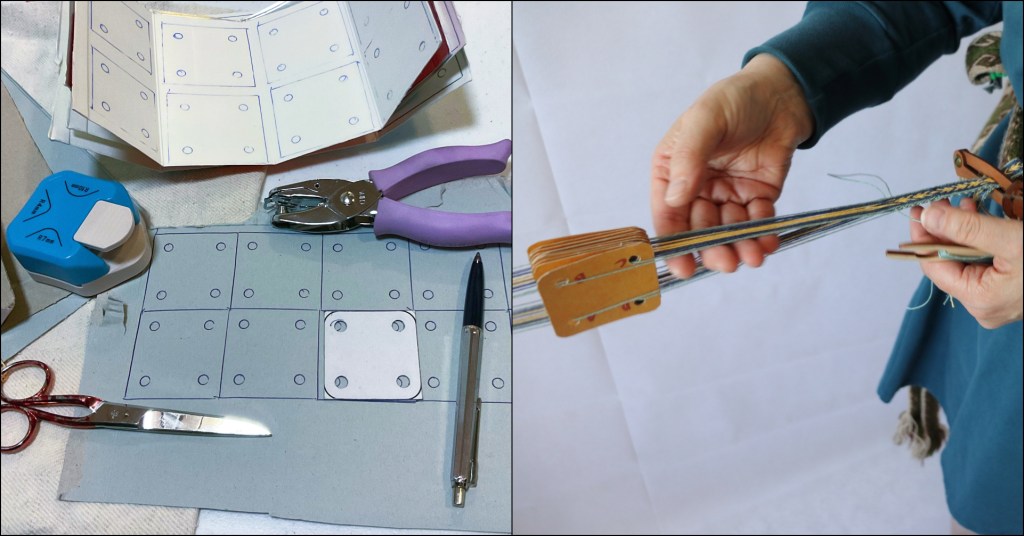 Vasemmalla kuva saksista ja pahville piirretyistä leikkaamattomista laudoista. Oikealla vyötärölle kiinnitetty lautanauhaloimi lautoineen sekä kutojan kädet